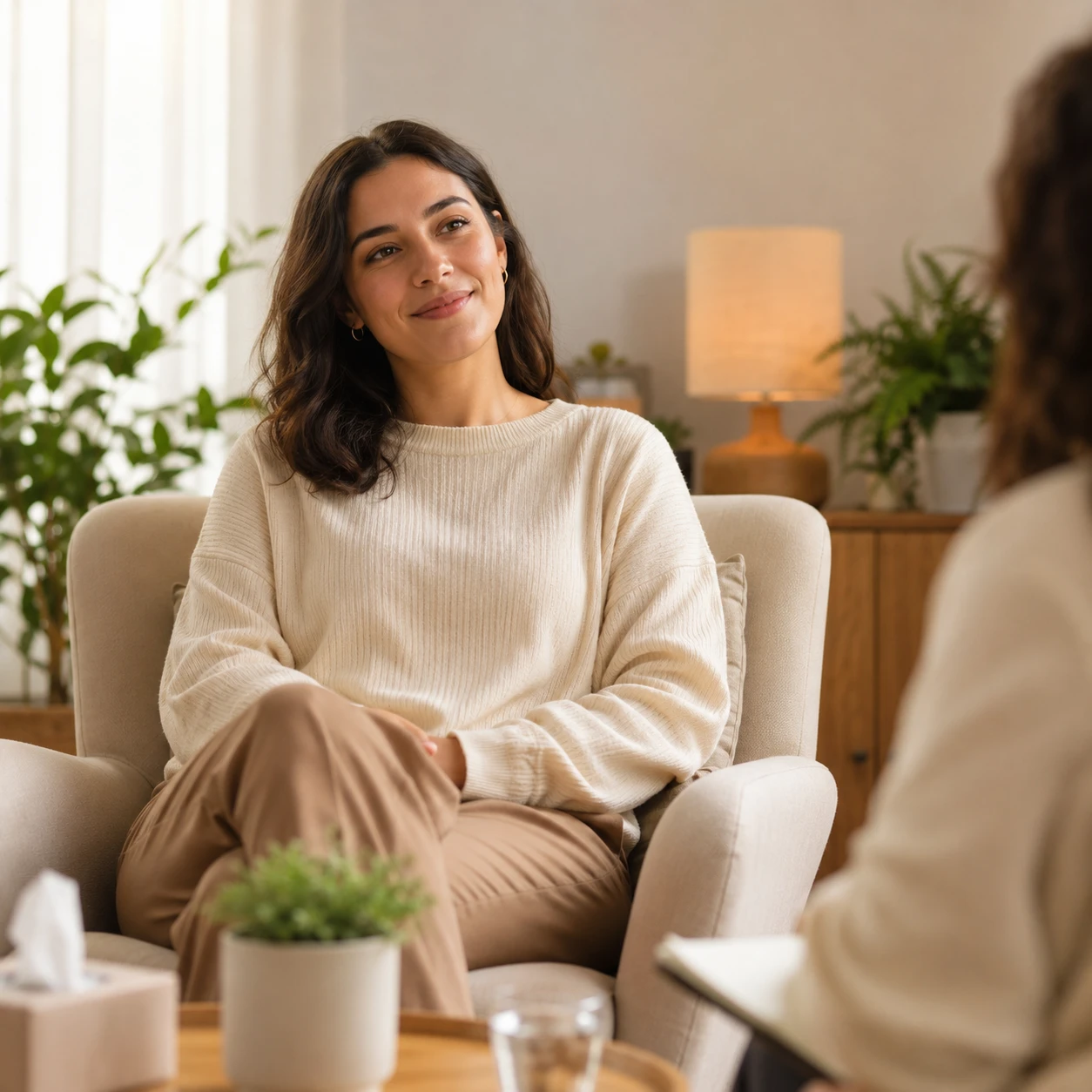 Paciente sonriente en sesión de terapia psicológica online, conectada con su psicóloga desde la comodidad de su hogar