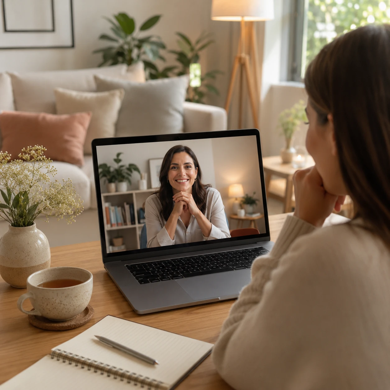 Mujer participando en sesión de terapia psicológica online por videollamada desde su casa, con psicóloga visible en pantalla de portátil