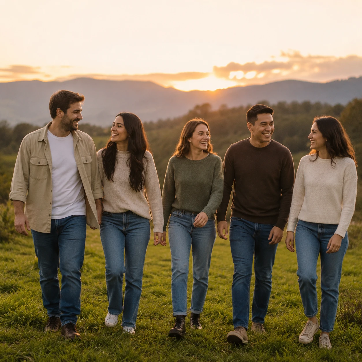 Grupo de personas diversas caminando juntas al atardecer, transmitiendo compañía, apoyo mutuo y bienestar emocional