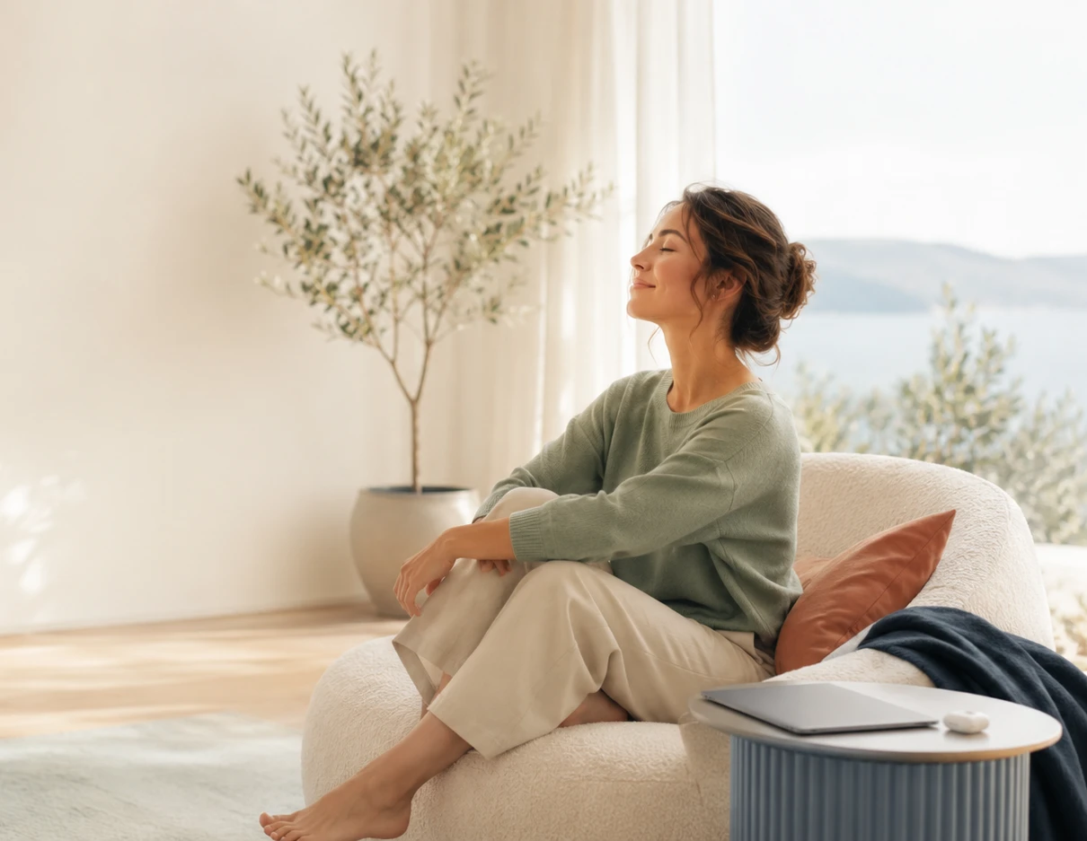 Mujer relajada con los ojos cerrados en un sillón junto a una ventana luminosa, transmitiendo calma y bienestar emocional