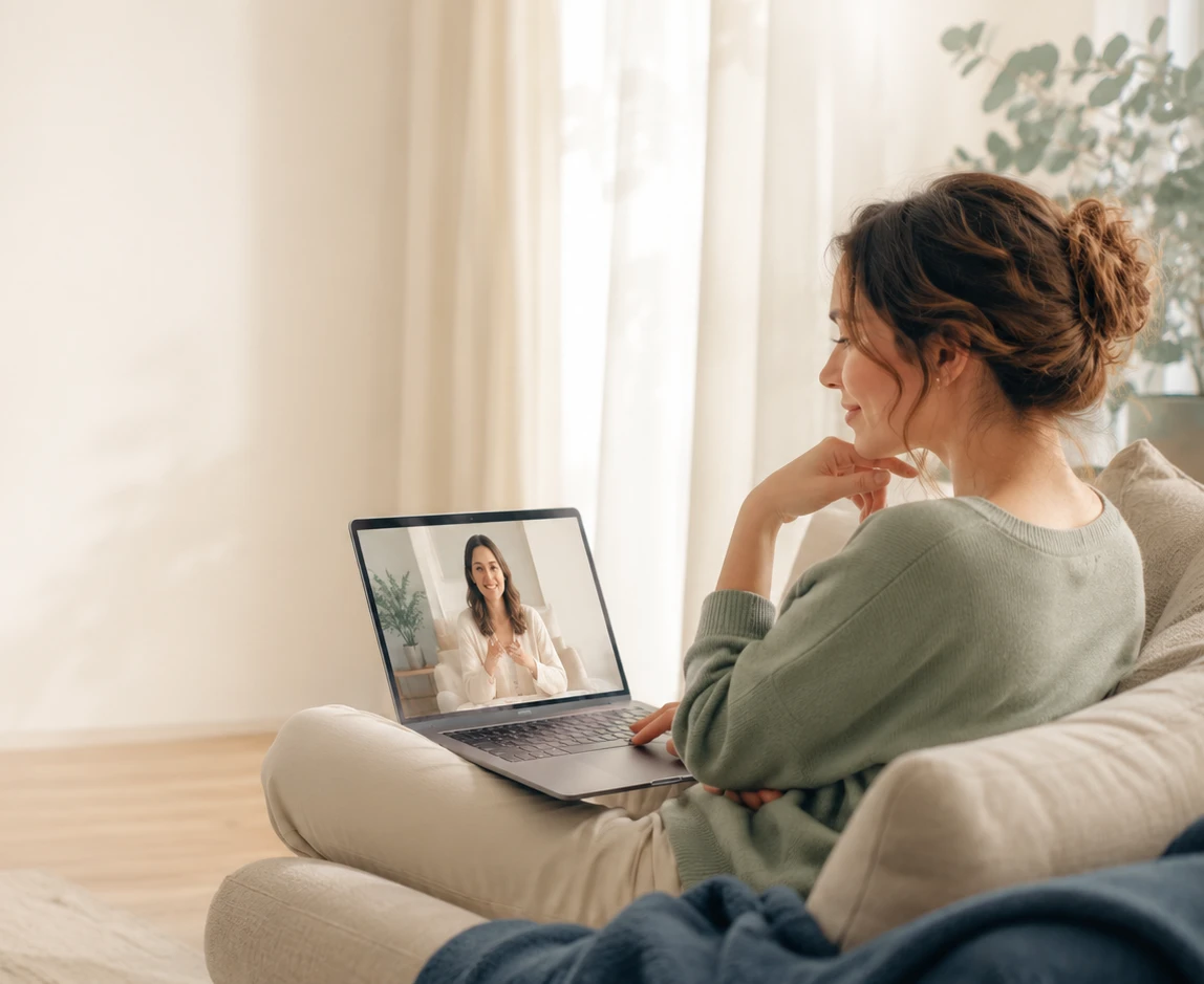 Mujer en sesión de terapia psicológica online por videollamada, escuchando a su psicóloga desde la comodidad de su hogar