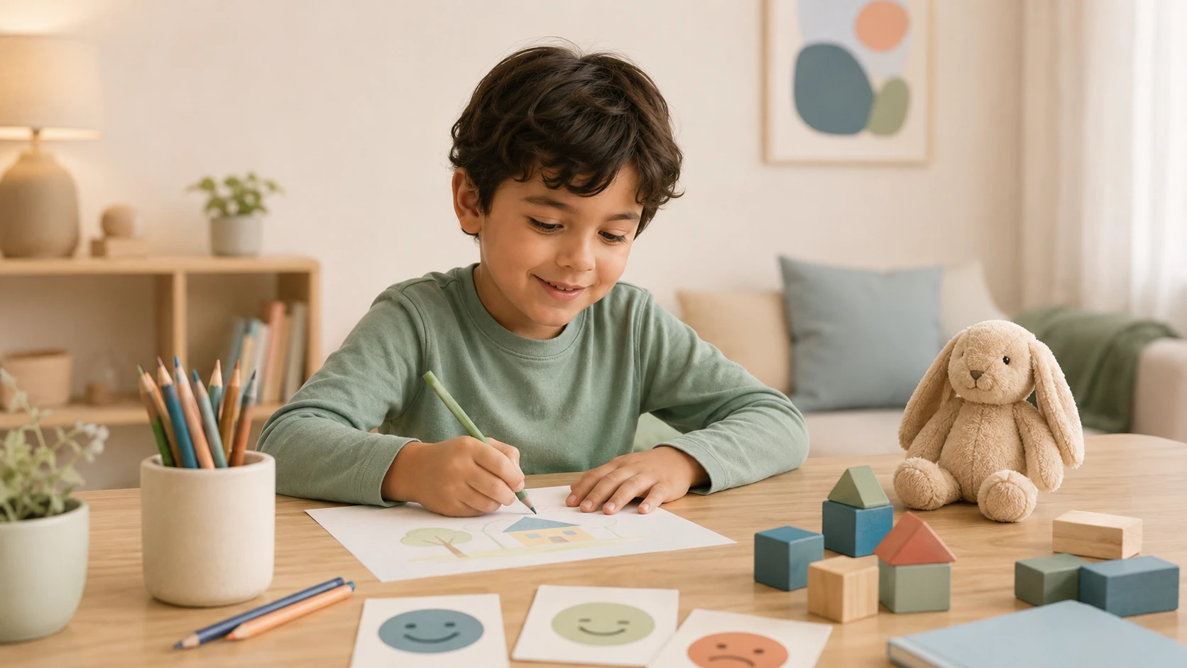 Niño sonriente dibujando en una mesa con bloques de colores y tarjetas de emociones en sesión de terapia infantil