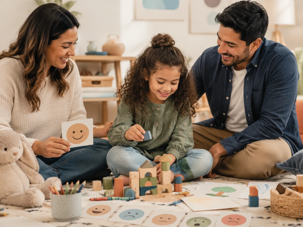 Padres jugando en el suelo con su hija con bloques de construcción y tarjetas de emociones, en un entorno de crianza consciente