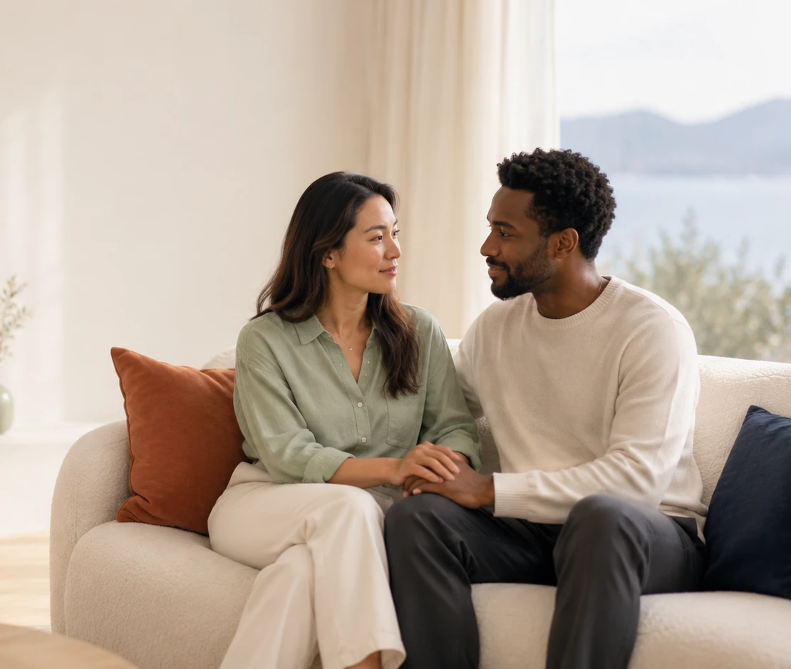 Pareja en terapia de pareja sentada en sofá tomándose de la mano y mirándose con conexión emocional y apertura